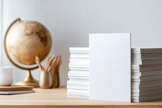 Blank white paper card standing against a stack of books. Mockup template on wooden desk with school supplies