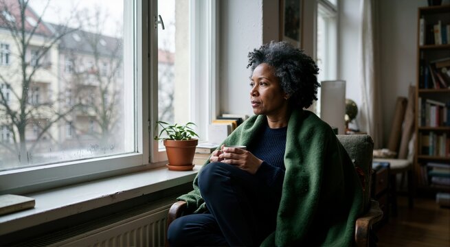 Black woman wrapped in a blanket sitting by a large window catching winter daylight. Seasonal affective disorder and self-care concept