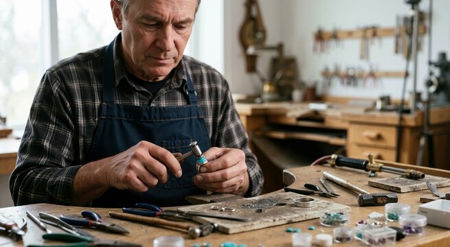 Mature male jeweler setting turquoise gemstone in silver ring with hammer. Skilled artisan craftsman working at workbench in jewelry workshop