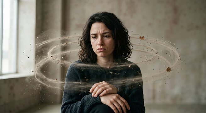 Woman surrounded by dust swirls expressing emotional burden and anxiety. Conceptual mental health visual with vortex particles indoors
