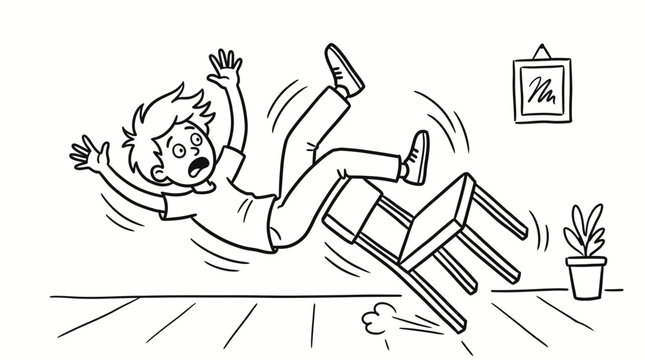 A cartoon illustration of a young person falling backward over a chair, looking surprised and losing balance in an indoor setting.