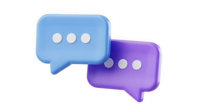 A 3D rendering of blue and purple speech bubbles isolated on transparent background. Use for social media chat or messaging concept ads.