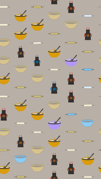 Baking tools pattern with bowls, rolling pins, and aprons
