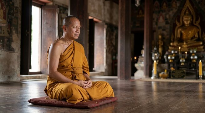 Buddhist monk meditating in lotus position inside temple. Spiritual practice and mindfulness