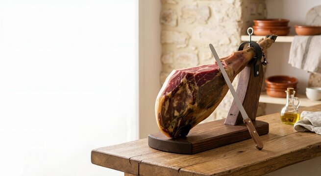 Whole cured Spanish serrano ham on traditional wooden stand with slicing knife. Iberian jamon on rustic wooden table with copy space