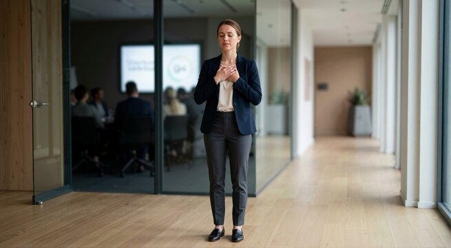 Young businesswoman taking a deep breath before presentation. Professional woman meditating in office corridor. Stress management and workplace mindfulness concept