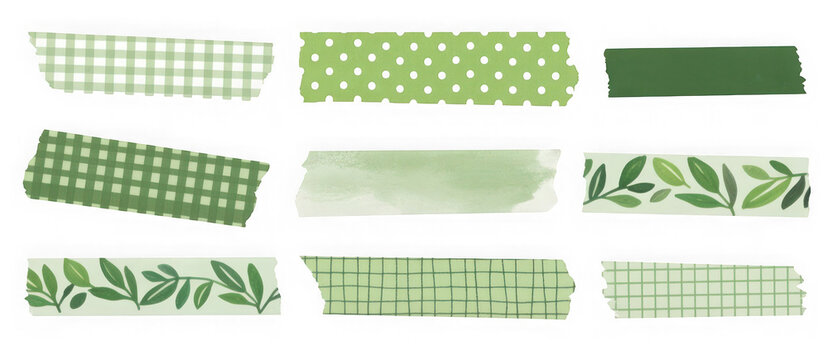 Green washi tape strips with various patterns isolated on transparent background for scrapbooking crafts.