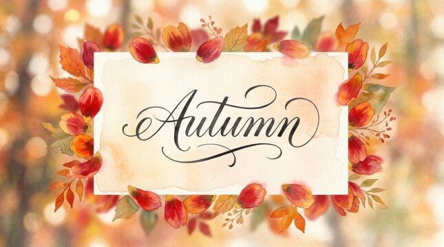 Autumn lettering with blurred colorful fall leaves background