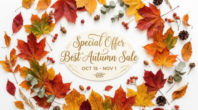 Autumn leaves arranged in a circular frame with text overlay