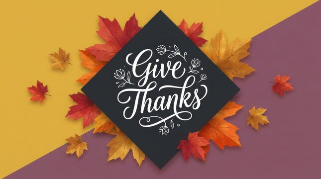 Give thanks calligraphy with vibrant autumn leaves on a split background