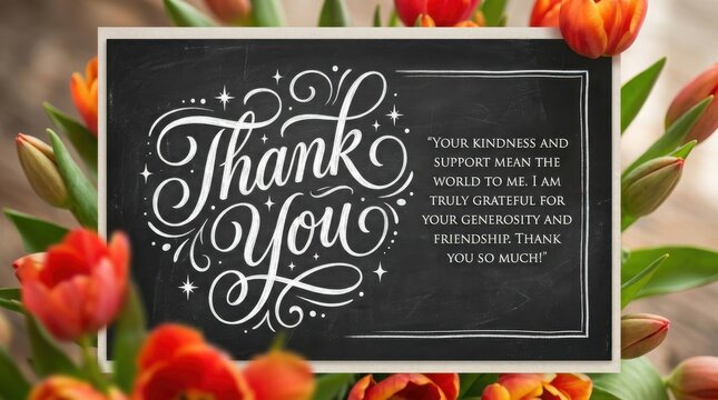 Elegant chalkboard sign with thank you message surrounded by vibrant tulips