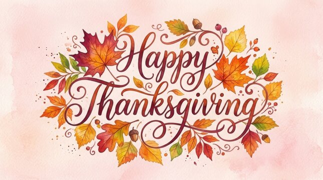 Happy thanksgiving watercolor lettering with colorful autumn leaves background