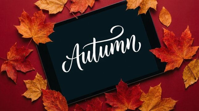 Autumn lettering with vibrant fall leaves on a rich red background