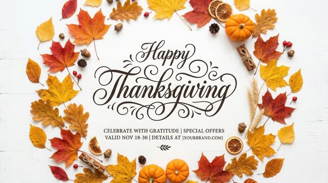 Happy thanksgiving calligraphy with colorful autumn leaves on a white background