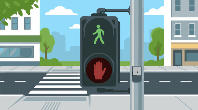 Pedestrian crossing signal with green walking man and red stop hand, city street scene with buildings and crosswalk