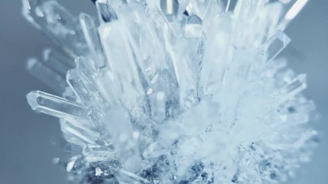 A real crystal. The grown crystal rotates on an illuminated turntable. A scientific experiment and chemical study. A beautiful background or screensaver. White.