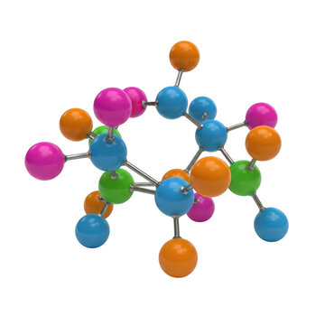 Colorful chemical molecule structure model with multi colored atomic spheres isolated on white background