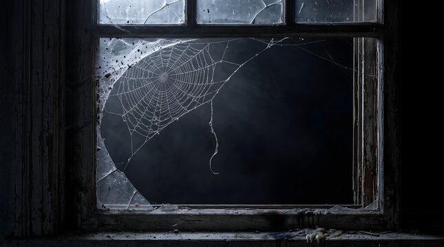 Spooky cobweb on broken window frame with copy space against dark eerie night background for haunted house Halloween concept