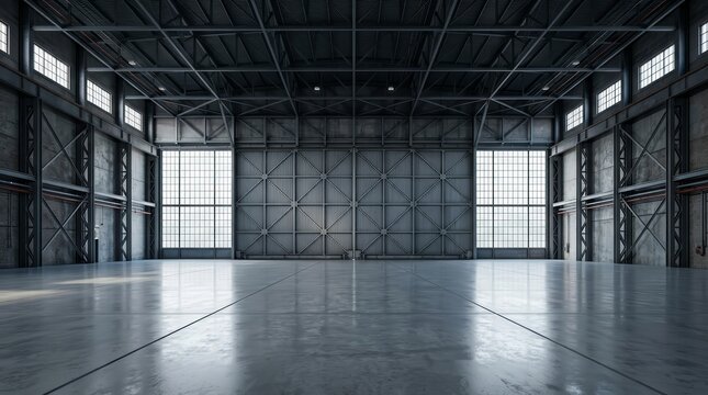 3D rendering of a large hangar building featuring an open shutter door in perspective view.