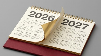 Fototapeta premium Desktop calendar open to the years 2026 and 2027 with detailed monthly layouts