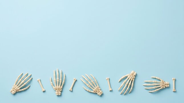Anatomical skeleton hands and bones arranged in a row on blue background