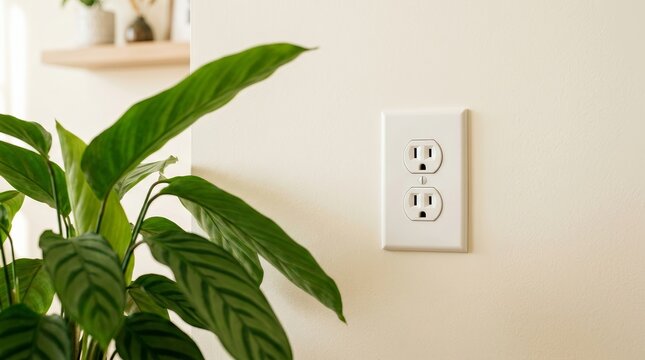White electrical plug socket on a home wall beside a lush green plant.