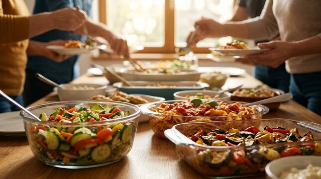 People serving food at a collaborative communal dining experience during a family potluck dinner.
