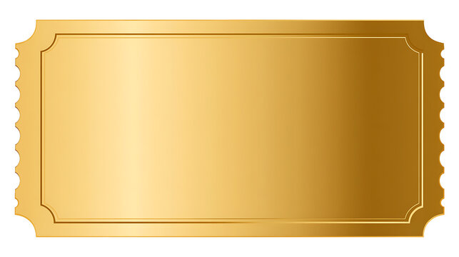 Blank golden ticket or coupon template with metallic gradient texture isolated on a solid black background for exclusive events and prizes