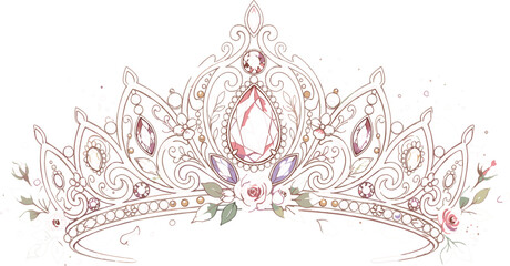 Elegant princess tiara and queen crown vector illustration featuring sparkling pink crystal gemstones diamonds and delicate rose filigree © MdHachimuol