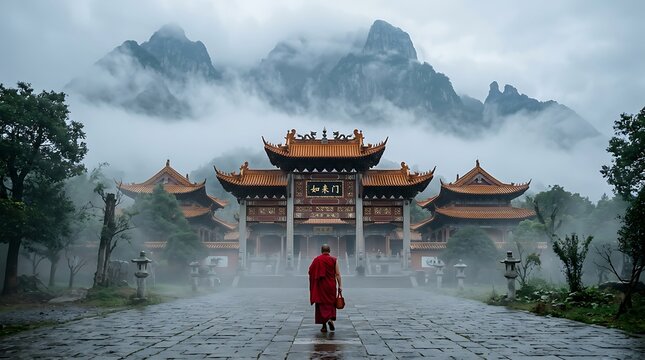 Buddhist monk in red robes walking towards a traditional temple in misty mountains
