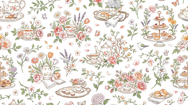 Vintage high tea seamless pattern background vector featuring porcelain teapots cups flower bouquets tiered dessert stands and pastries