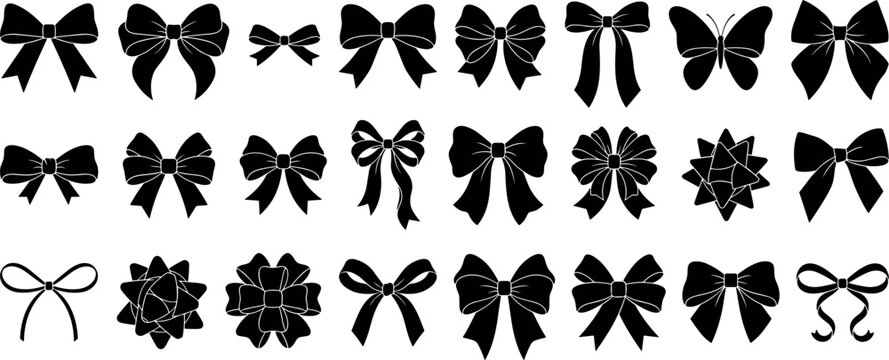 Black ribbon bow silhouette icon set featuring various coquette style decorative knots isolated on white background vector