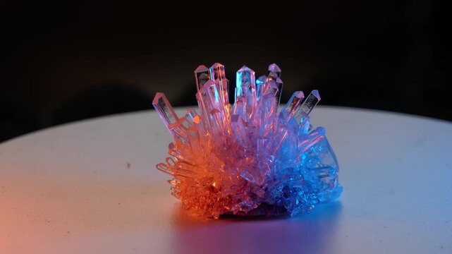 A real crystal. The grown crystal rotates on an illuminated turntable. A scientific experiment and chemical study. Beautiful background; screensaver. Blue and orange.