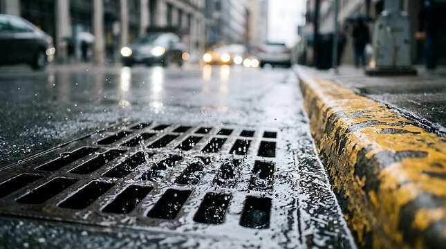 Rainwater splashing into a metal storm drain on a wet city street with traffic