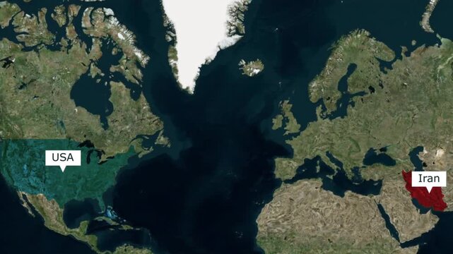 Usa and iran highlighted on world map with geography continent satellite location political
