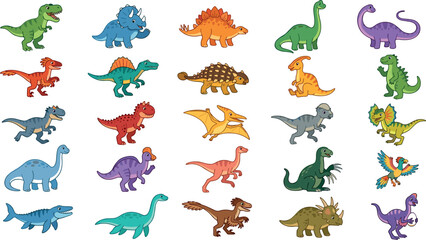 Cute cartoon dinosaur character vector clip art icon set featuring colorful prehistoric animals predators herbivores reptiles and flying pterodactyls © MdHachimuol