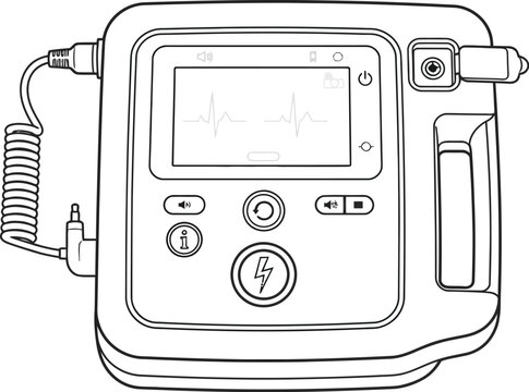 Medical defibrillator device with display and cables