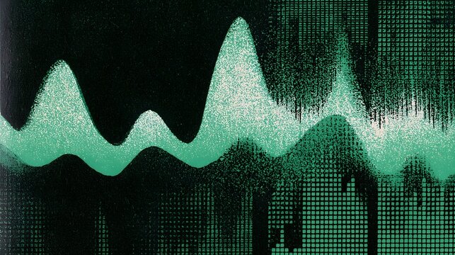 緑の音の波形が黒地に重なるリソグラフ風の抽象背景