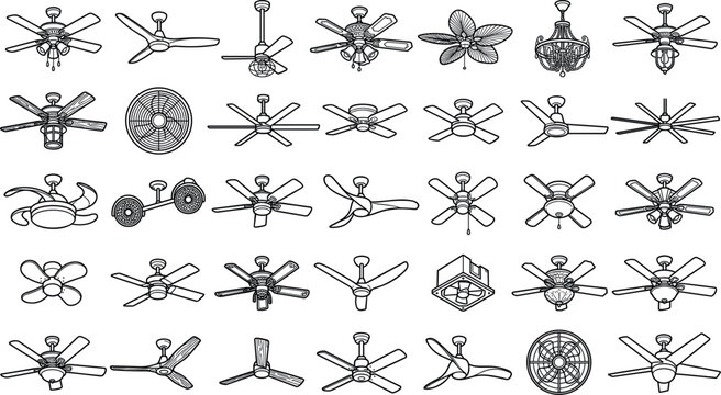 Ceiling fan and home ventilation cooling system line art icon set featuring electrical appliances chandeliers blades and exhaust elements