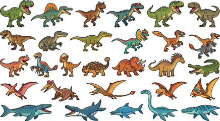 Jurassic dinosaur sticker vector icon set featuring prehistoric predators marine reptiles flying pterosaurs and wild carnivore monsters © MdHachimuol