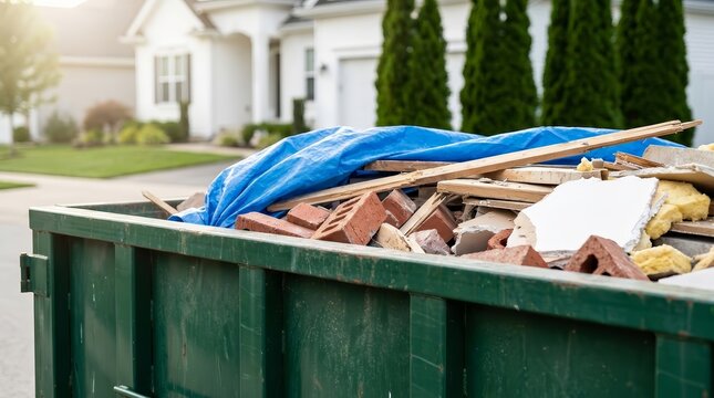 Discarded building materials and demolition debris in a backyard waste container for house remodeling.