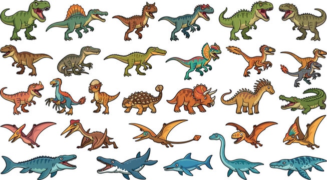 Jurassic dinosaur sticker vector icon set featuring prehistoric predators marine reptiles flying pterosaurs and wild carnivore monsters