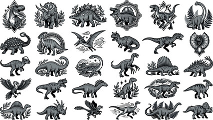 Vintage dinosaur emblem and retro badge linocut vector icon set featuring jurassic animals woodcut stickers framed prehistoric creatures © MdHachimuol