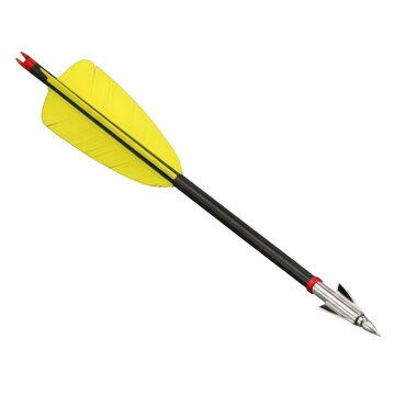 Carbon fiber arrow with yellow fletching and broadhead tip isolated on white background