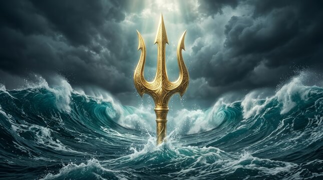 Mythical golden trident symbolizing sea power and divine authority amidst stormy waves.