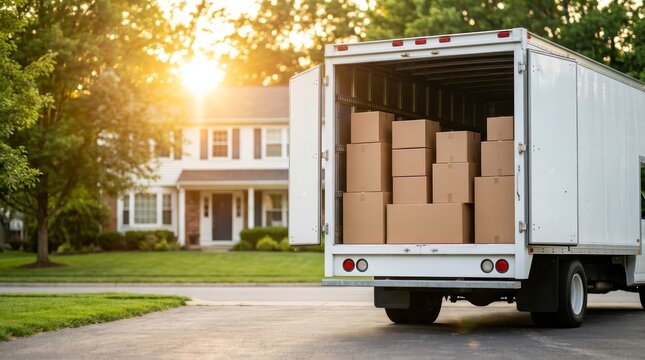 Moving truck loaded with family belongings parked in front of a suburban home during sunset.