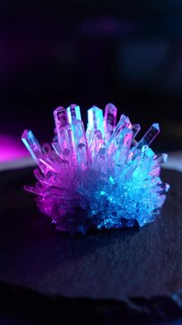 A mysterious, magical, genuine crystal. The grown crystal rotates on a turntable illuminated by full-spectrum RGB lighting. A scientific experiment and chemical study. A beautiful background