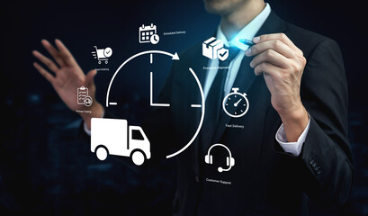 Obraz premium Businessman interacts with a digital interface illustrating logistics and delivery options, showcasing technology for efficient supply chain management in modern business. Nascent