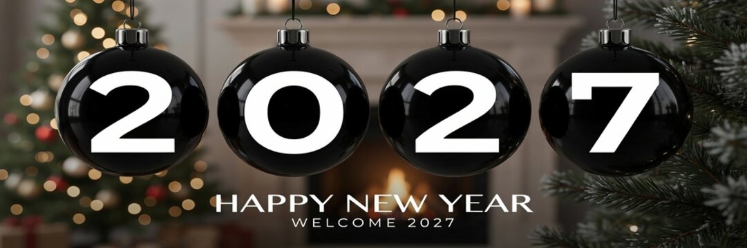 Four black christmas ornaments displaying the numbers 2 0 2 7 for the new year with a festive background