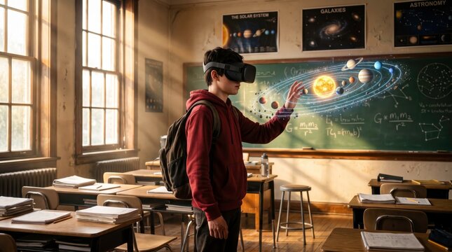 Immersive Learning: A student in a classroom engages with a virtual reality headset, interacting with a 3D solar system model displayed on a blackboard, bridging technology and education.